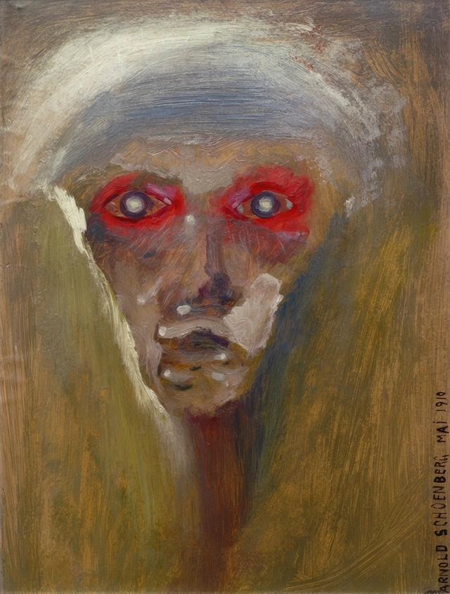 Expressionist painting of distorted face with piercing red gaze
